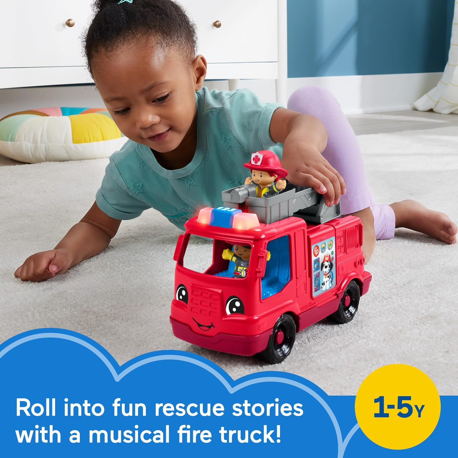 Fisher-Price Little People Toddler Toy Fire Truck Musical Push-Along Vehicle with 2 Figures for Pretend Play Ages 1+ Years